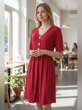 Red V-Neck Dress with Buttons